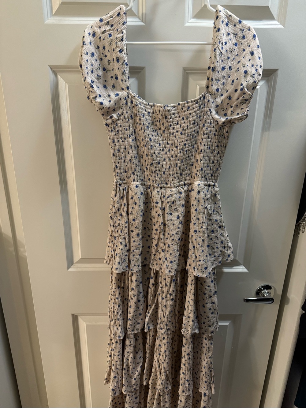 Cream and Blue Floral Tiered Dress